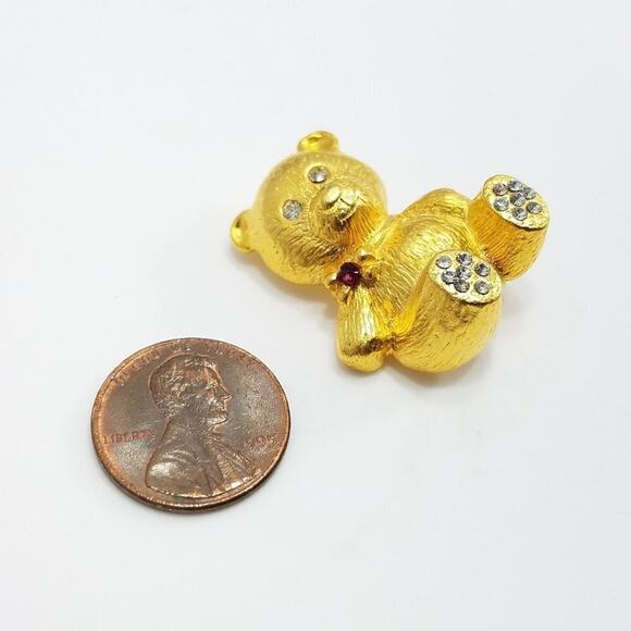 Gold Tone Teddy Bear Brooch Rhinestones Red Bow Vintage Figural Pin - Picture 6 of 10